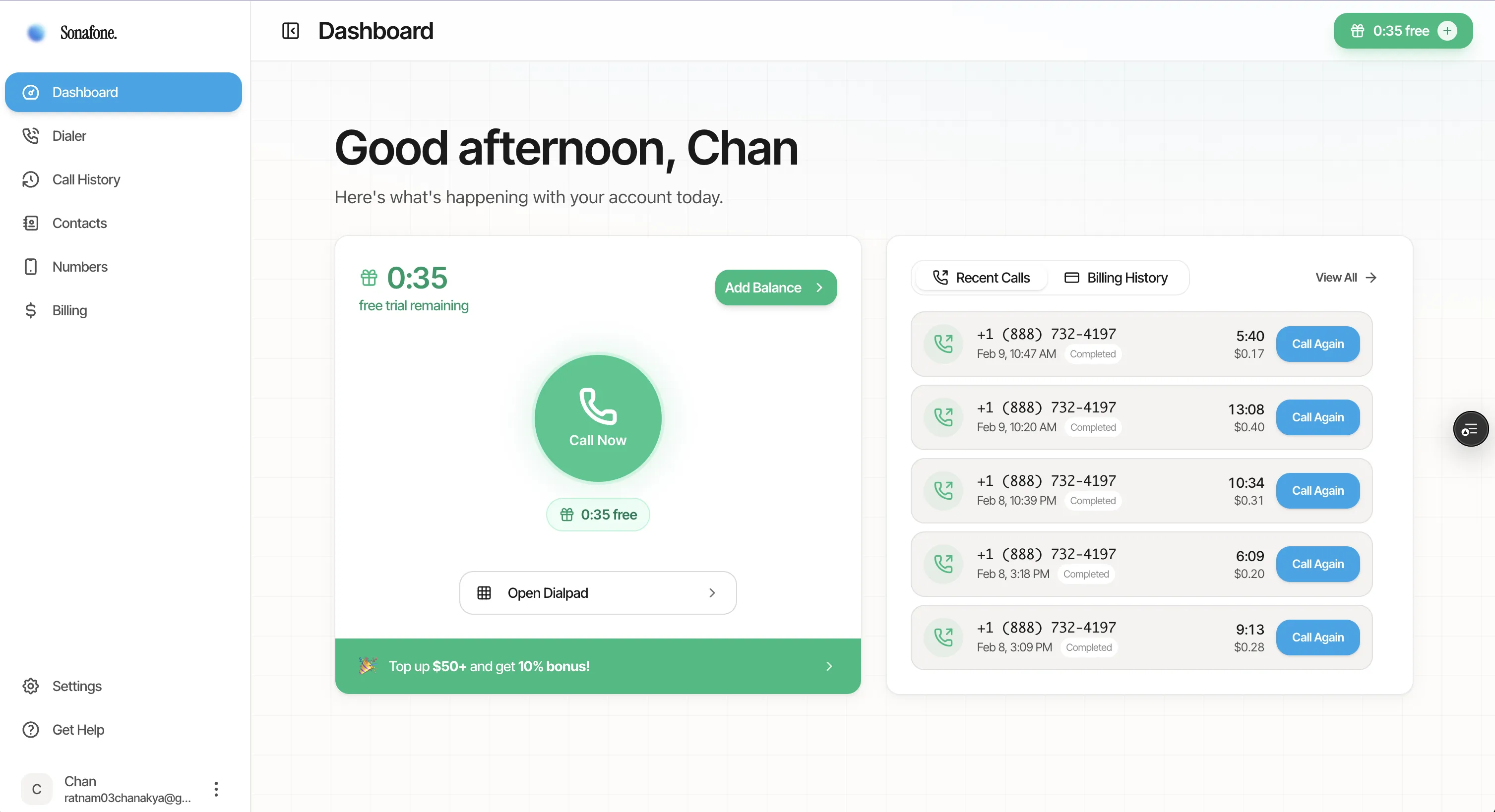 Sonafone dashboard — make international calls from your browser